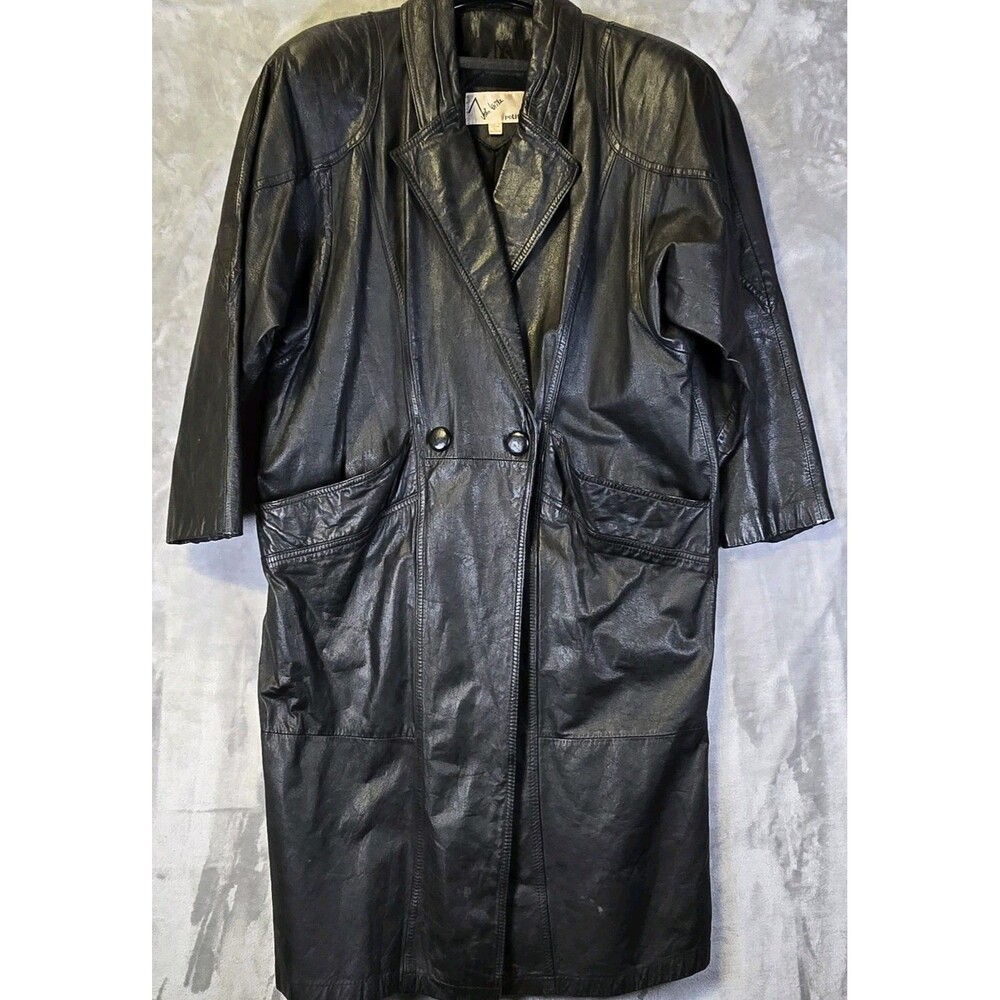 Vintage John Weitz Long Leather Trench Coat L Pet Black Shoulder Pads Grunge 80s